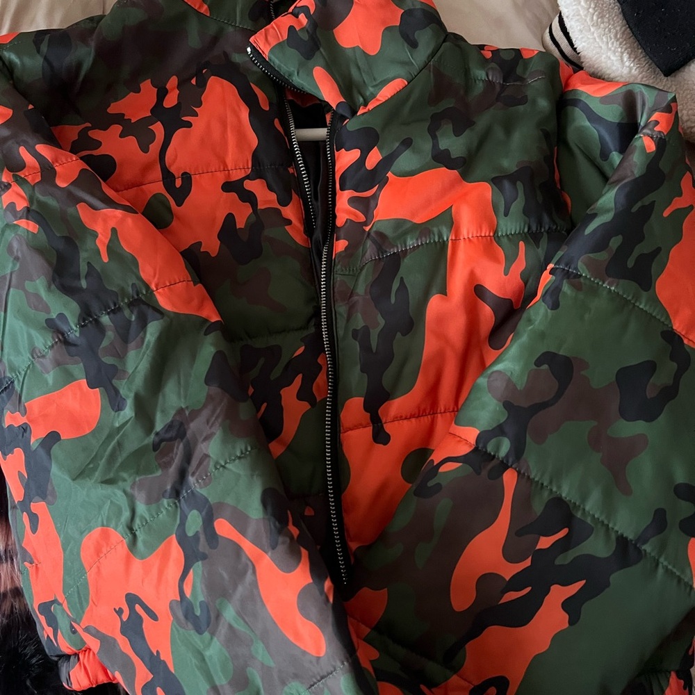 Fashion Nova Vibrant Camo Puffer Jacket - Orange & Green